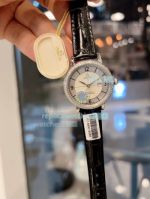 Omega Replica Ladies Watch Grey White Dial Diamonds Bezel Black Leather Strap 32mm